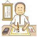 毛筆で字を書く年配の男性のイラスト(ソフト)