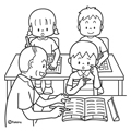 おさらい学習の手伝いをする男性(ぬりえ)