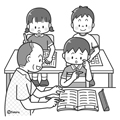 おさらい学習の手伝いをする男性(モノクロ)