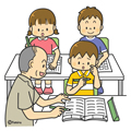 おさらい学習の手伝いをする男性(カラー)