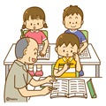 おさらい学習の手伝いをする男性(ソフト)
