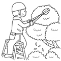 植木の剪定をする男性のイラスト(ぬりえ)