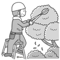 植木の剪定をする男性のイラスト(モノクロ)