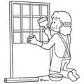 障子の張り替えをする女性のイラスト(ぬりえ)