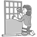 障子の張り替えをする女性のイラスト(モノクロ)