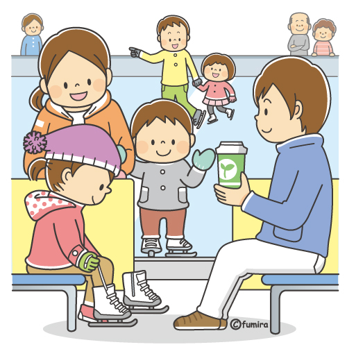 スケート場でスケートをする家族のイラスト（カラー）
